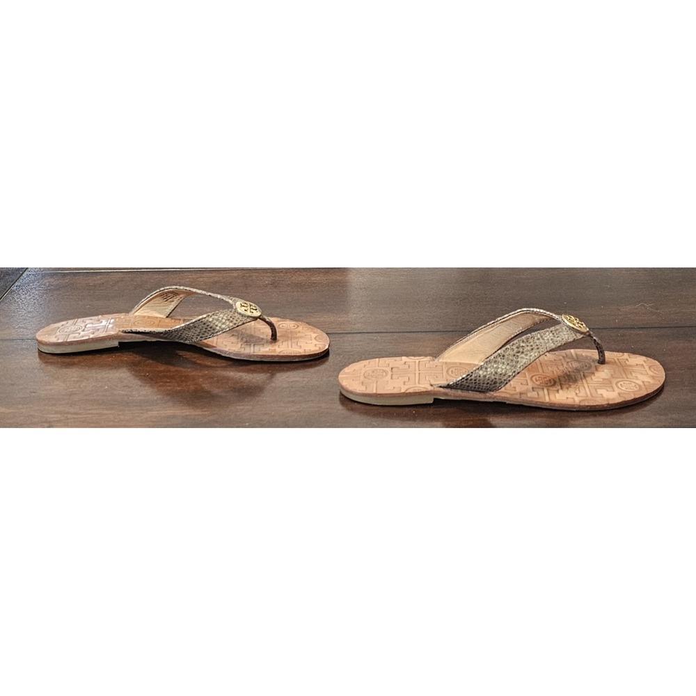 Tory Burch Thora Plated Snake Leather Gold Thong Flat Sandals Women's Sz 7